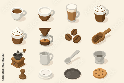 Various coffee drinks and brewing tools illustration - latte, cappuccino, coffee beans, grinder, cookie