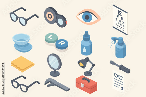 Isometric optometry tools and eye care equipment collection