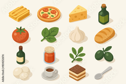 Isometric italian cuisine icons: pizza, olive oil, pasta, cheese, tiramisu, tomato, garlic, basil
