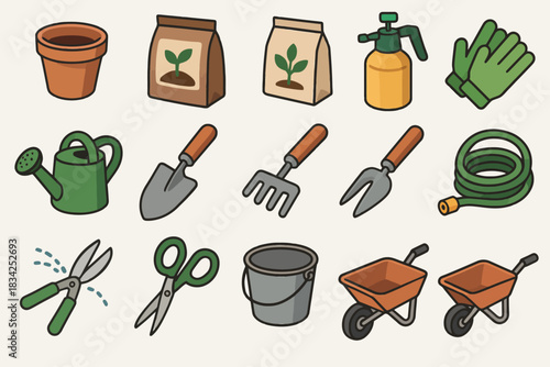 Gardening tools set: pots, seeds, gloves, watering can, pruning shears, trowel, hose