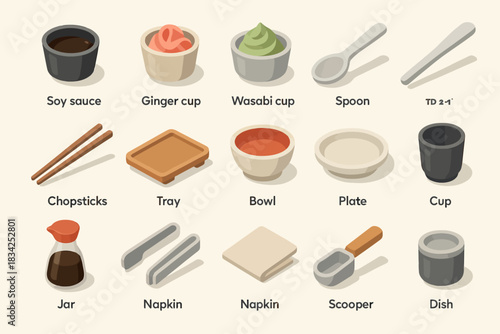 Japanese dining utensils and condiments collection: soy sauce, wasabi, chopsticks, napkins