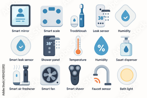 Smart home devices collection: mirror, scale, toothbrush, leak sensor, humidity monitor