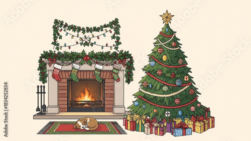 Cozy christmas scene with a decorated tree stockings hung by a warm fireplace and a sleeping dog on a rug surrounded by festive gifts