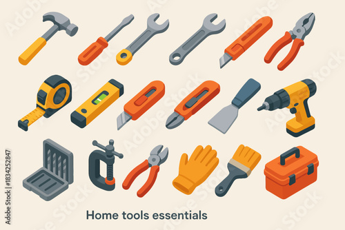 Essential home tools collection: wrenches, drill, pliers, tape measure, hammer