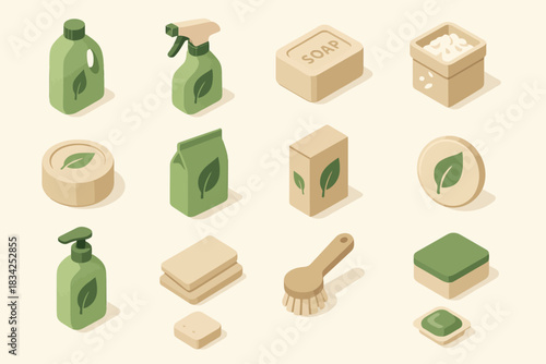 Eco-friendly cleaning products and tools with leaf design on beige background