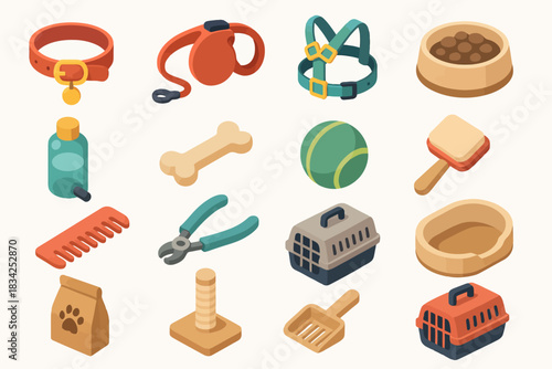 Collection of essential pet accessories featuring toys, collars, carriers, and grooming tools