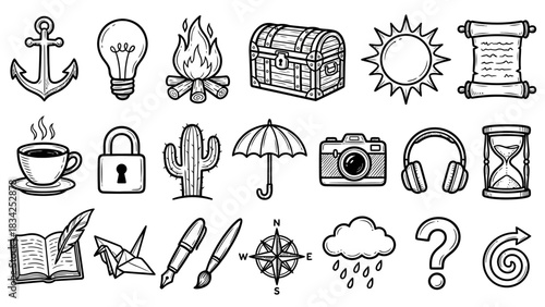 Hand-Drawn Icon Grid Featuring Symbolic Everyday Objects – Including Anchor, Compass, Paintbrush, and Origami for Visual Themes in Creativity, Curiosity, and Whimsical Conceptual Storytelling