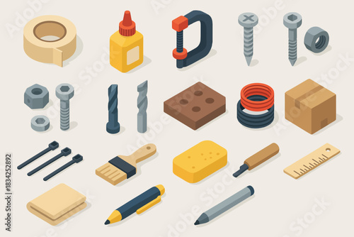 Isometric arrangement of various tools and materials for diy projects