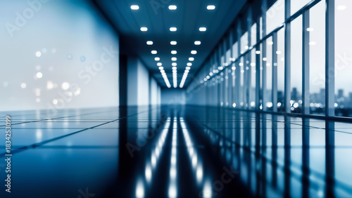 Modern, futuristic interior hallway with bright ceiling lights reflecting on the polished dark floor, overlooking a blurred city skyline through large windows