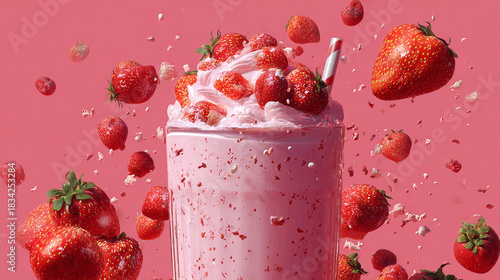 A refreshing strawberry milkshake with fresh strawberries around it. The drink is placed against a pink background