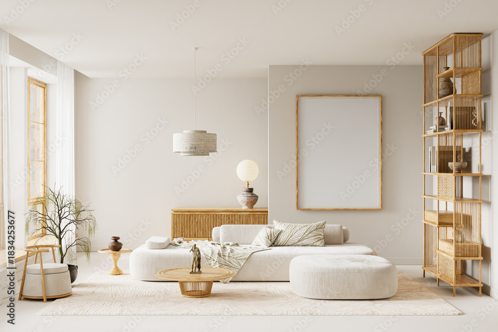 Fototapeta premium Soft daylight, warm neutrals, and refined wooden accents define this serene interior, featuring a clear poster mock-up and balanced text space for clean, modern visuals. 3D illustration