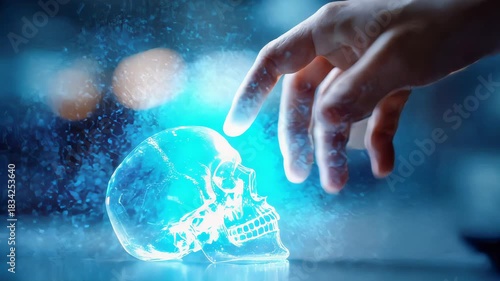 A glowing holographic glass skull touched by a human finger, symbolizing AI, neuroscience, and futuristic technology