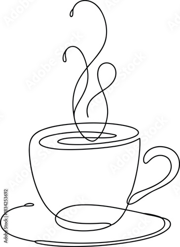 Single line drawing of a steaming coffee cup and saucer
