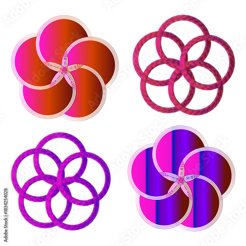 The image displays four variations of a geometric rosette  floral design created from overlapping rings