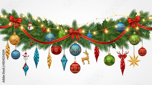 Festive christmas garland with evergreen branches red ribbon twinkling lights and a variety of colorful ornaments including baubles icicles snowmen and a reindeer on a white background