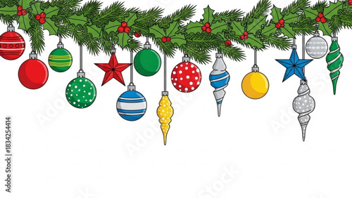 A festive border of green fir branches adorned with holly and an assortment of colorful patterned christmas ornaments in various shapes and sizes hangs against a clean white background
