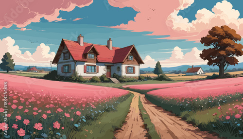 a charming farmhouse among blooming pink meadows, a winding dirt road, and fluffy clouds, designed in a colorful flat comic book art style