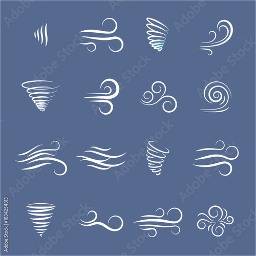 Set of white stylized wind and air flow icons on blue background, representing weather patterns, blowing breeze, twisting tornadoes, and climate motion effects for meteorological design projects