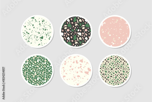 Set of circle terrazzo patterns featuring colorful stone fragments and marble textures, ideal for social media highlight covers, flooring design, and abstract geometric backgrounds.