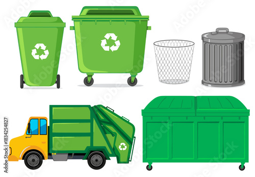 Vector set of waste management equipment including green recycling dumpsters, wheelie bins, garbage truck, and metal trash cans isolated on white background for ecology and sanitation concepts.