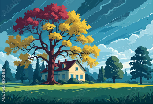 Modern flat vector illustration of a large multi-colored oak tree with red and yellow leaves next to a yellow country house in a green field under a blue sky with clouds