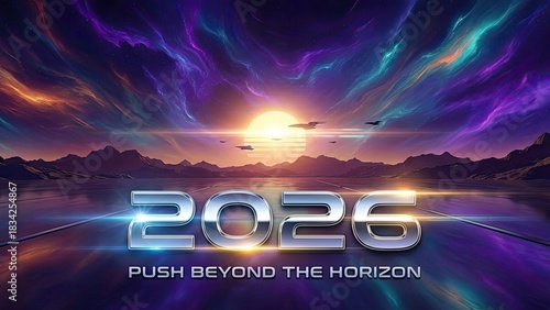 Futuristic landscape shows year 2026 progress toward the horizon.