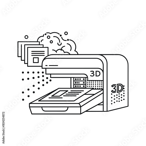 Line art illustration of a 3D printer actively manufacturing an object, symbolizing modern technology, additive manufacturing, and digital fabrication.