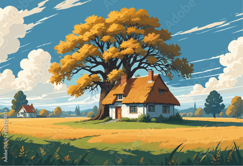 a rustic country cottage beside a massive golden oak tree in a sunny autumn field landscape with a dirt path and distant farm