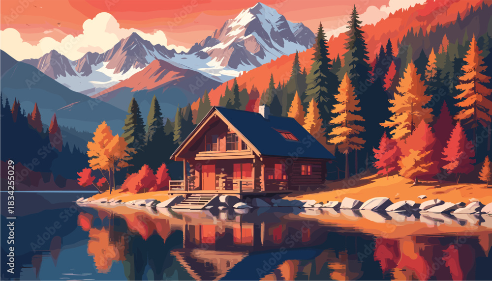 Fototapeta premium Modern flat vector illustration of a rustic wooden cabin by a calm lake, surrounded by colorful autumn forest trees and snowy mountain peaks during a vibrant sunset