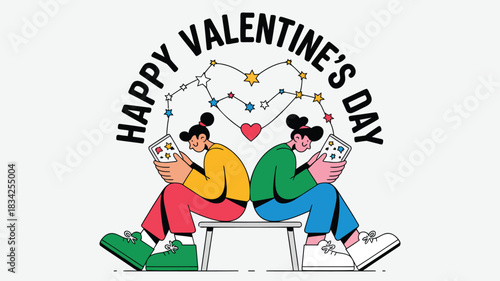 Happy valentine s day illustration of two people connecting digitally with hearts and stars above them