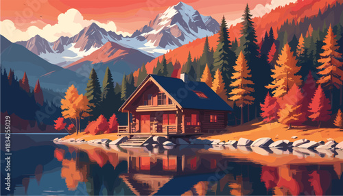 Modern flat vector illustration of a rustic wooden cabin by a calm lake, surrounded by colorful autumn forest trees and snowy mountain peaks during a vibrant sunset