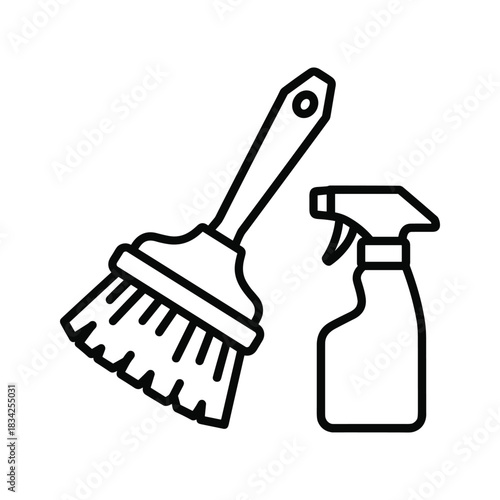 Cleaning Brush and Spray Bottle Outline Icon
