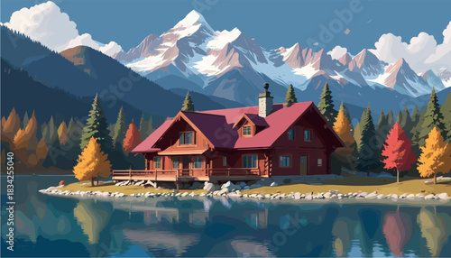 a large wooden cabin with a red roof situated by a calm lake, backed by towering snowy mountains and autumn pine trees