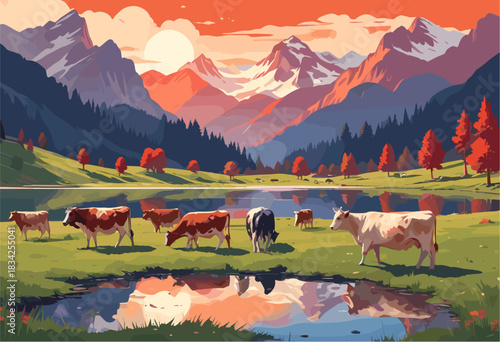Peaceful flat vector landscape illustration of cows grazing by a mountain lake at sunset, with reflections in the water and warm autumn colors
