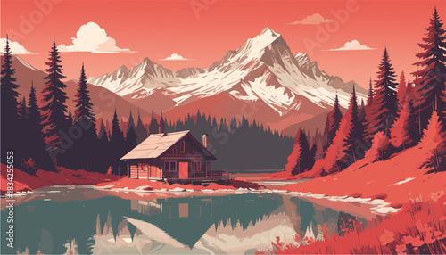 Flat vector landscape illustration in monochromatic red tones featuring a wooden cabin by a peaceful lake with reflections, surrounded by pine trees and snowy mountains under a cloudy sky.