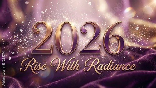 The year 2026 sparkles with golden light on a soft purple fabric.