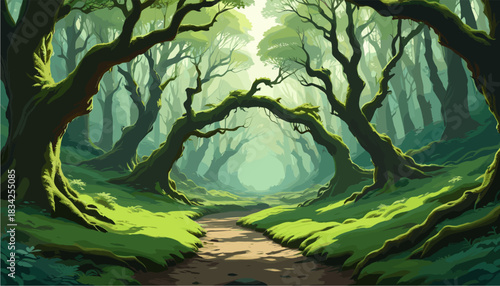 Fantasy forest landscape vector illustration featuring a winding dirt path through ancient mossy trees with twisted roots and lush green foliage illuminated by soft sunlight
