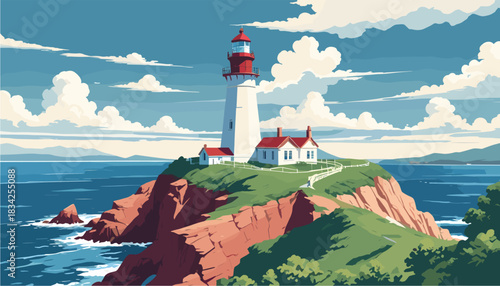 Scenic flat vector landscape illustration of a classic white lighthouse with a red roof perched on a rocky cliff overlooking the blue ocean under a cloudy summer sky