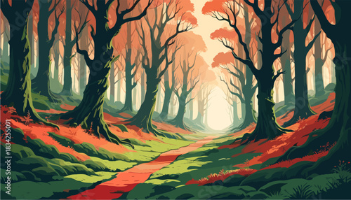 Atmospheric flat vector landscape illustration of a mysterious forest with a winding orange path leading to bright light, featuring gnarled ancient trees, vibrant foliage, and a magical fantasy