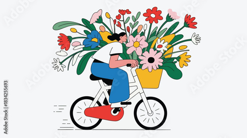 Woman riding a bicycle with a large basket overflowing with colorful flowers and greenery