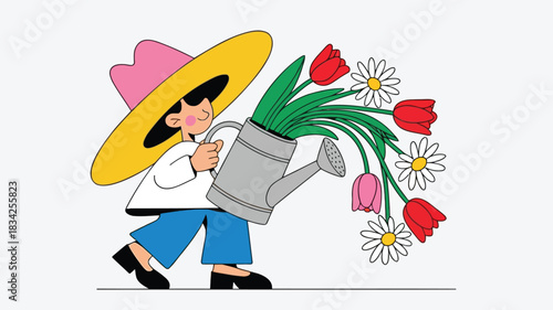 Joyful gardener wearing a big hat carries watering can overflowing with tulips and daisies
