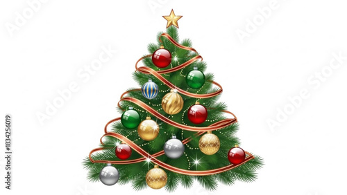 A beautifully decorated christmas tree with a golden star on top adorned with red green gold and silver ornaments and a red ribbon set against a white background