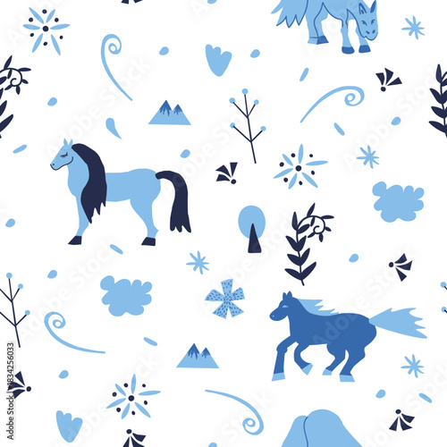 Vector seamless pattern with Christmas blue elements on an isolated white background. Animalistic and botanical print in a modern flat style with horses.