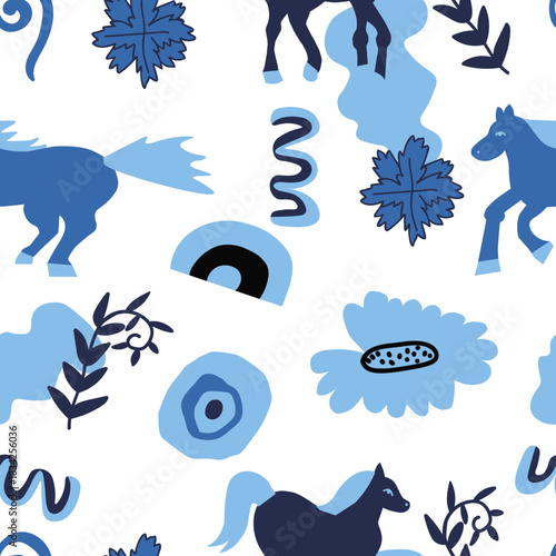 Vector seamless pattern with Christmas blue elements on an isolated white background. Animalistic and botanical print in a modern flat style with horses.