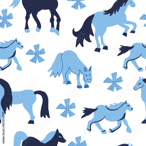 Vector seamless pattern with Christmas blue elements on an isolated white background. Animalistic and botanical print in a modern flat style with horses.
