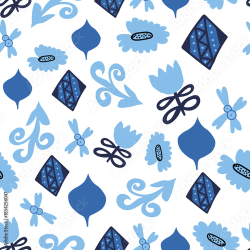 Vector seamless pattern with Christmas blue elements on an isolated white background. Animalistic and botanical print in a modern flat style with horses.