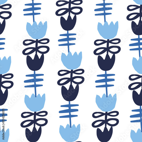 Vector seamless pattern with Christmas blue elements on an isolated white background. Animalistic and botanical print in a modern flat style with horses.