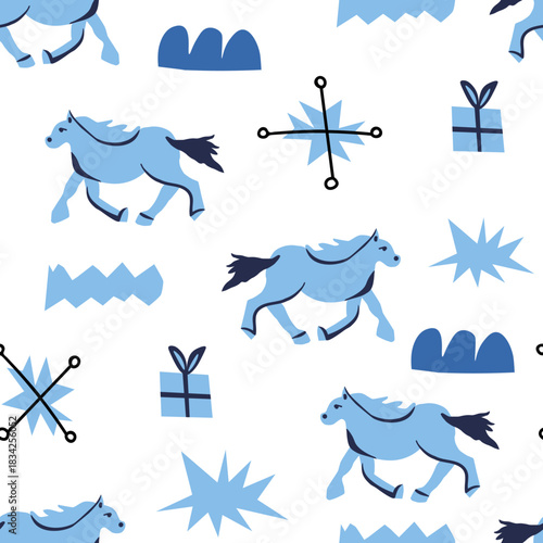 Vector seamless pattern with Christmas blue elements on an isolated white background. Animalistic and botanical print in a modern flat style with horses.