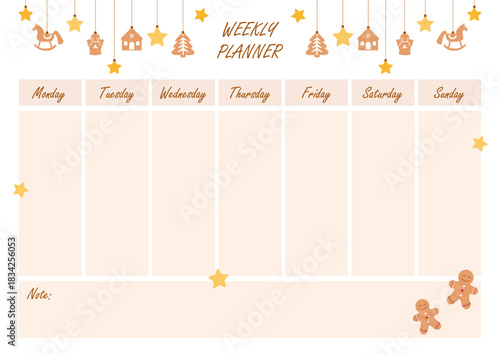 Christmas weekly planner template with gingerbread, stars, festive garlands, horse, angel, house. Vector for holiday scheduling, winter organization, printable planners, stationery