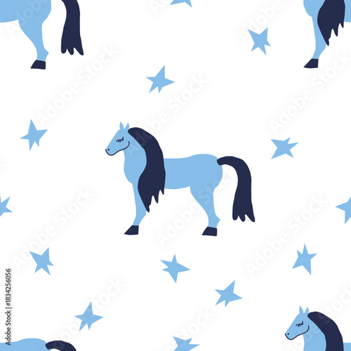 Vector seamless pattern with Christmas blue elements on an isolated white background. Animalistic and botanical print in a modern flat style with horses.